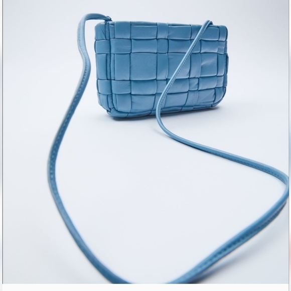 ZARA 100% Sheep Leather Quilted Crossbody Purse In Blue. NWT - Picture 4 of 16